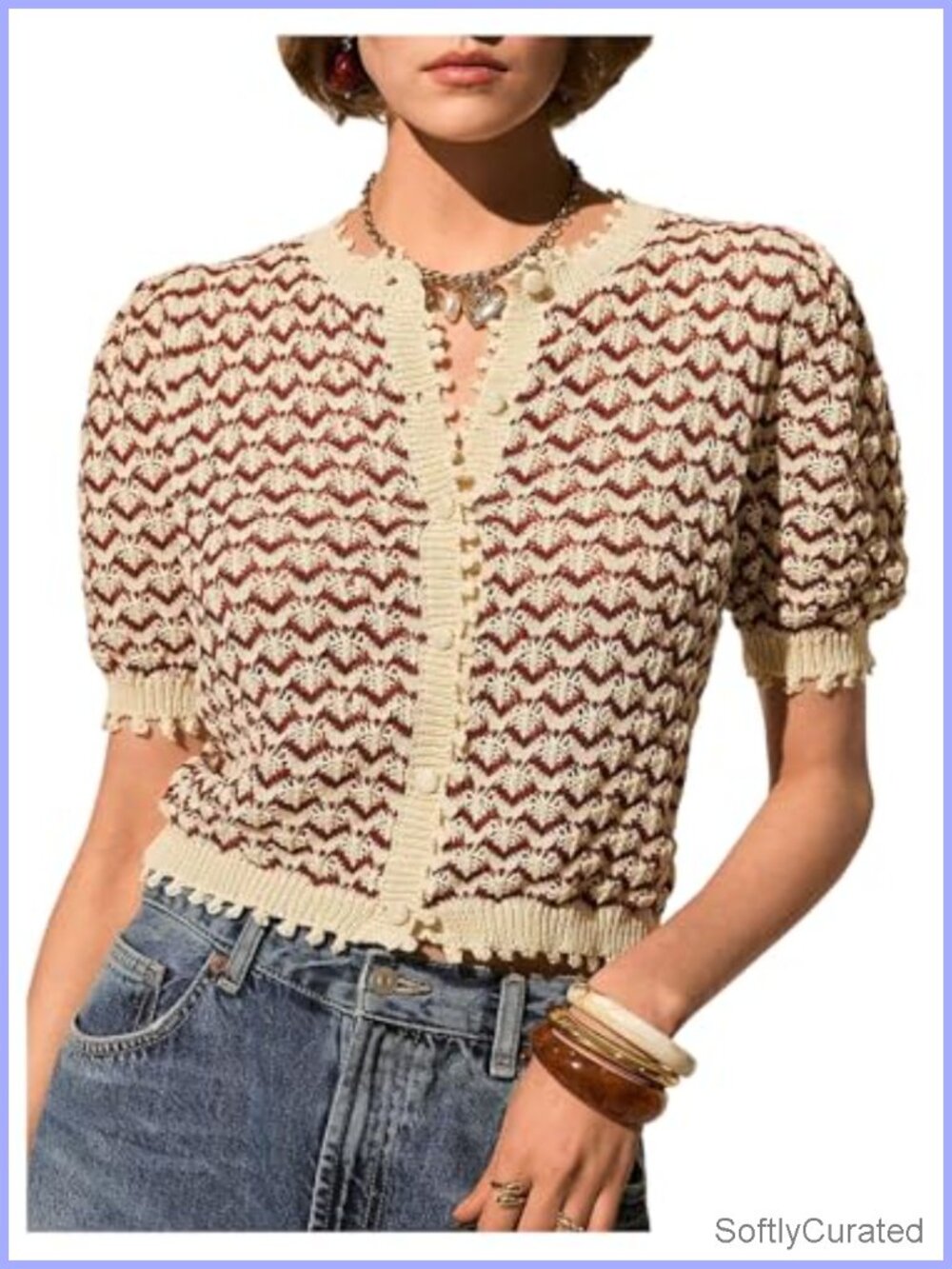 Striped Short Sleeve Cardigan Crochet Button Front Lightweight Sweater